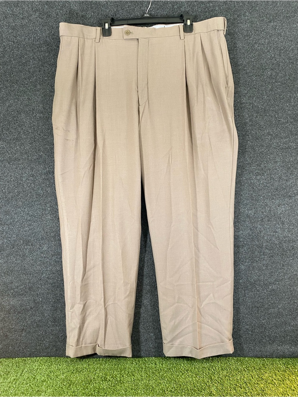 Louis Raphael Rosso Dress Pants Mens 42x30 Pleated Hidden Extension Cuffed Beige